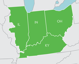Map of Eastern Illinois, Indiana, Ohio, and Kentucky